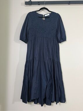 MERLETTE Navy Smocked Tiered Midi Dress, sz M